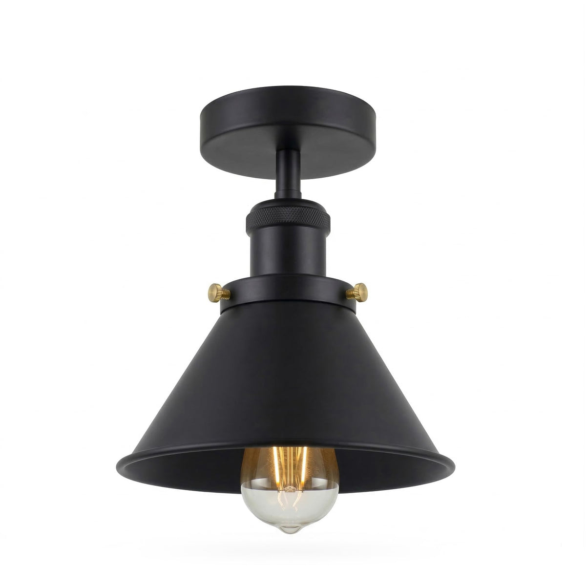 Industrial Semi Flush Ceiling Light – E27, Many Shades & Finishes - Black, Small Cone 18 cm Black, Without Bulb
