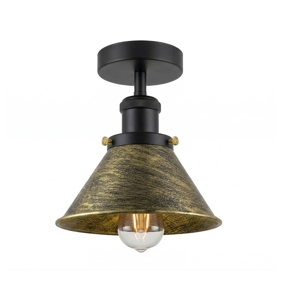 Industrial Semi Flush Ceiling Light – E27, Many Shades & Finishes - Black, Small Cone 18 cm Brushed Brass, Without Bulb