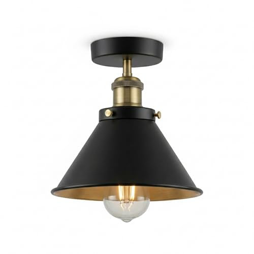 Industrial Semi Flush Ceiling Light – E27, Many Shades & Finishes - Green Brass, Small Cone 18 cm Black & Gold, Without Bulb