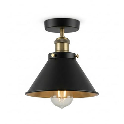 Industrial Semi Flush Ceiling Light – E27, Many Shades & Finishes - Green Brass, Small Cone 18 cm Black & Gold, Without Bulb