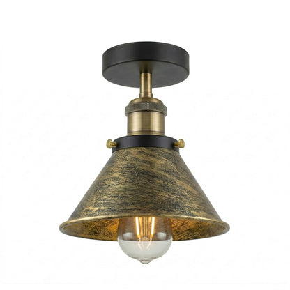 Industrial Semi Flush Ceiling Light – E27, Many Shades & Finishes - Green Brass, Small Cone 18 cm Brushed Brass, Without Bulb