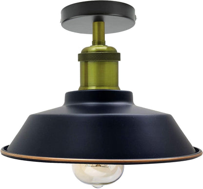 Industrial Semi Flush Ceiling Light – E27, Many Shades & Finishes - Green Brass, Vintage Dome 22 cm Black & Gold Line, Without Bulb