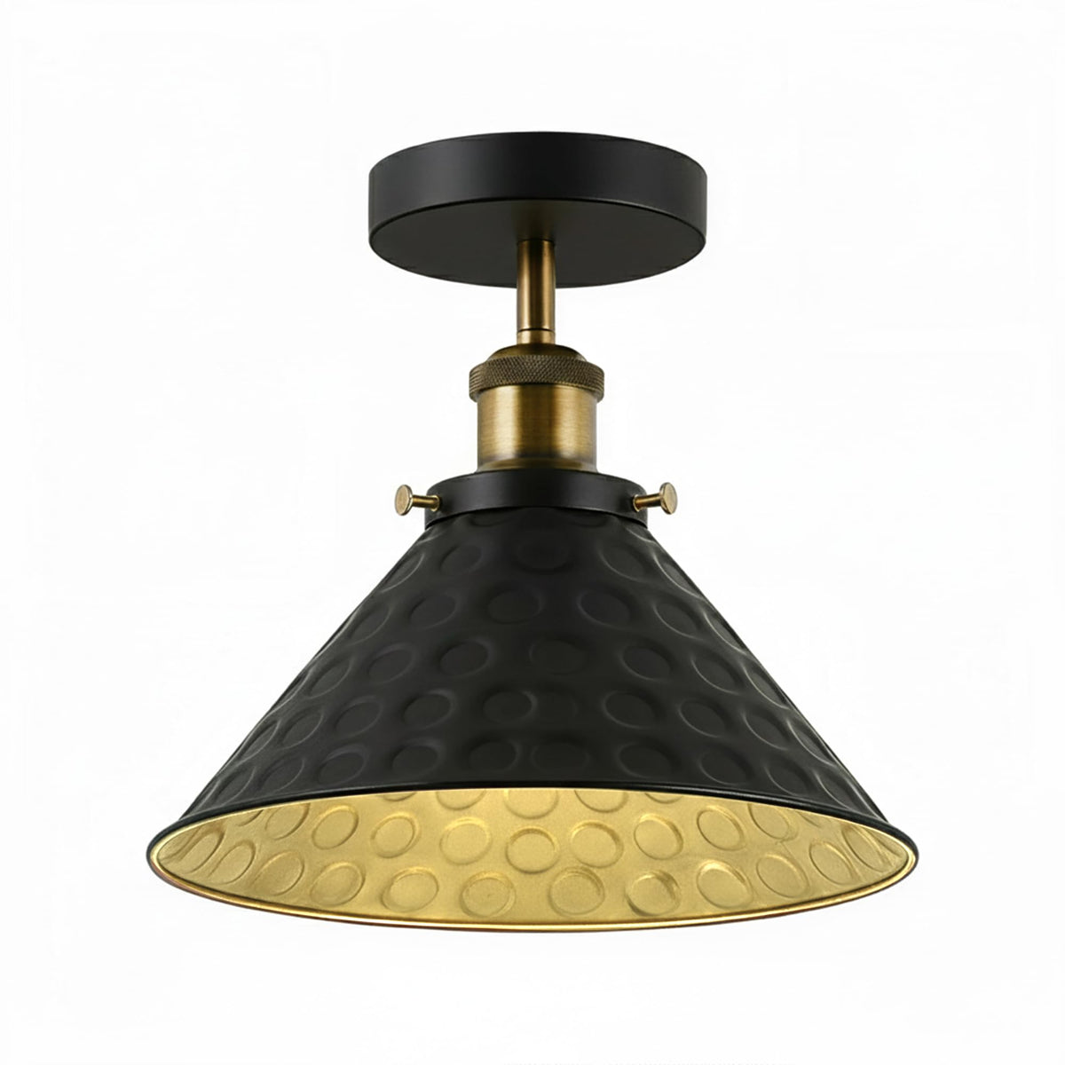Industrial Semi Flush Ceiling Light – E27, Many Shades & Finishes - Yellow Brass, Hammered Cone 24 cm Black & Gold, Without Bulb