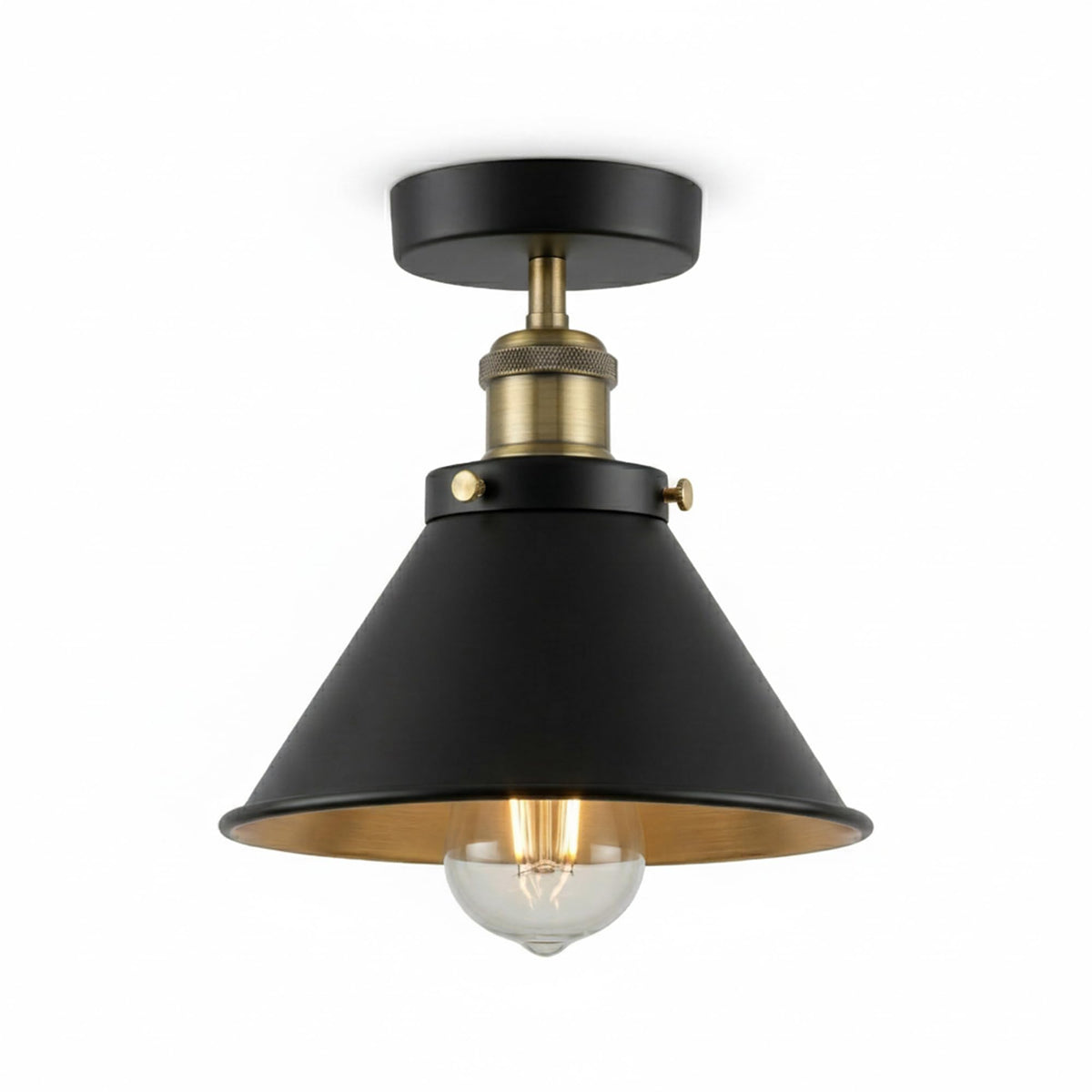 Industrial Semi Flush Ceiling Light – E27, Many Shades & Finishes - Yellow Brass, Small Cone 18 cm Black & Gold, Without Bulb