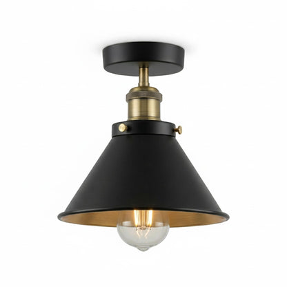 Industrial Semi Flush Ceiling Light – E27, Many Shades & Finishes - Yellow Brass, Small Cone 18 cm Black & Gold, Without Bulb