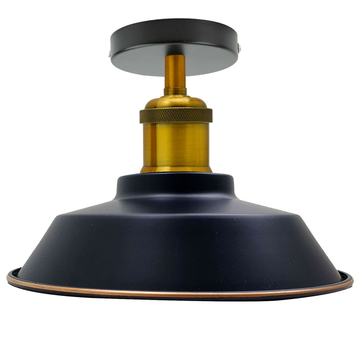 Industrial Semi Flush Ceiling Light – E27, Many Shades & Finishes - Yellow Brass, Vintage Dome 22 cm Black & Gold Line, Without Bulb