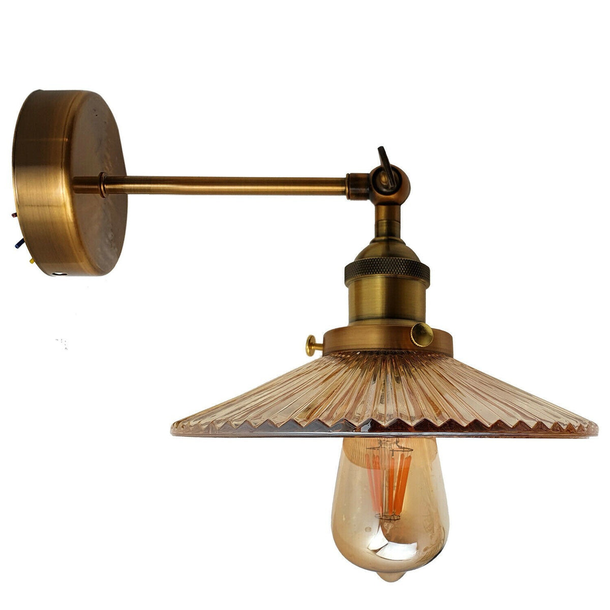 Straight Arm Wall Light Yellow Brass – E27, with or without Glass Shade - Yellow Brass, Patterned Glass 21 cm Amber