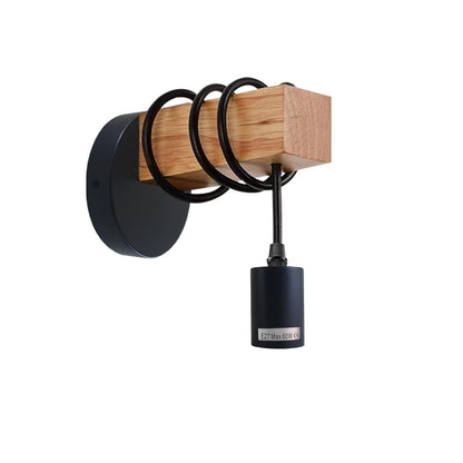 Wood Block Wall Light with Hanging E27 Holder – Hardwired or Plug-In - Black, Hardwired, 125 mm Round Plate, Without Bulb