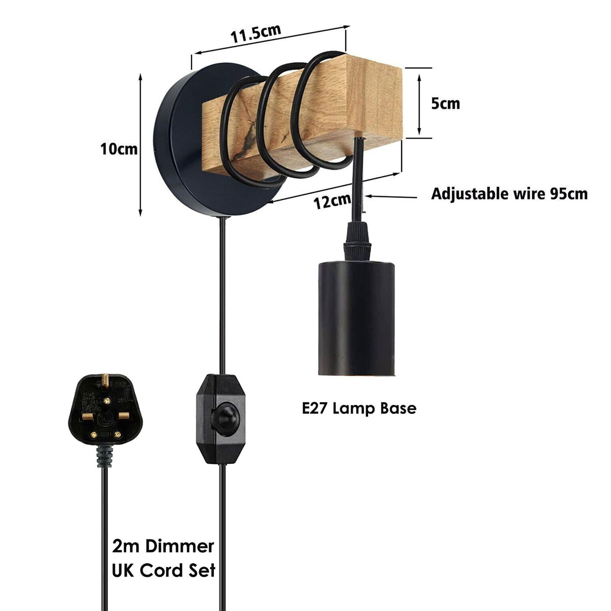 Wood Block Wall Light with Hanging E27 Holder – Hardwired or Plug-In - Black, Plug-in, 2 m Dimmer Cord, Without Bulb