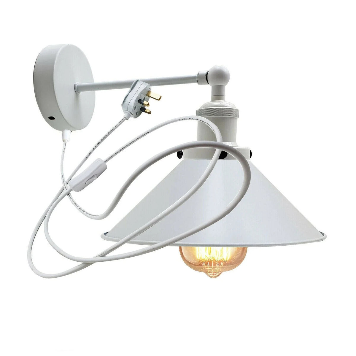 Plug-In Swing Arm Wall Light with Cone Shade – White, On/Off Switch - photo 10