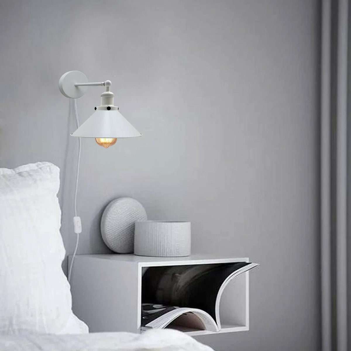 Plug-In Swing Arm Wall Light with Cone Shade – White, On/Off Switch - photo 3