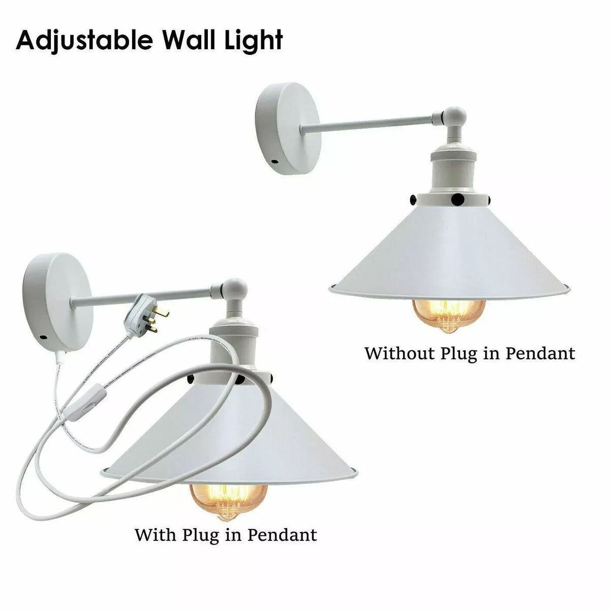 Plug-In Swing Arm Wall Light with Cone Shade – White, On/Off Switch - photo 7