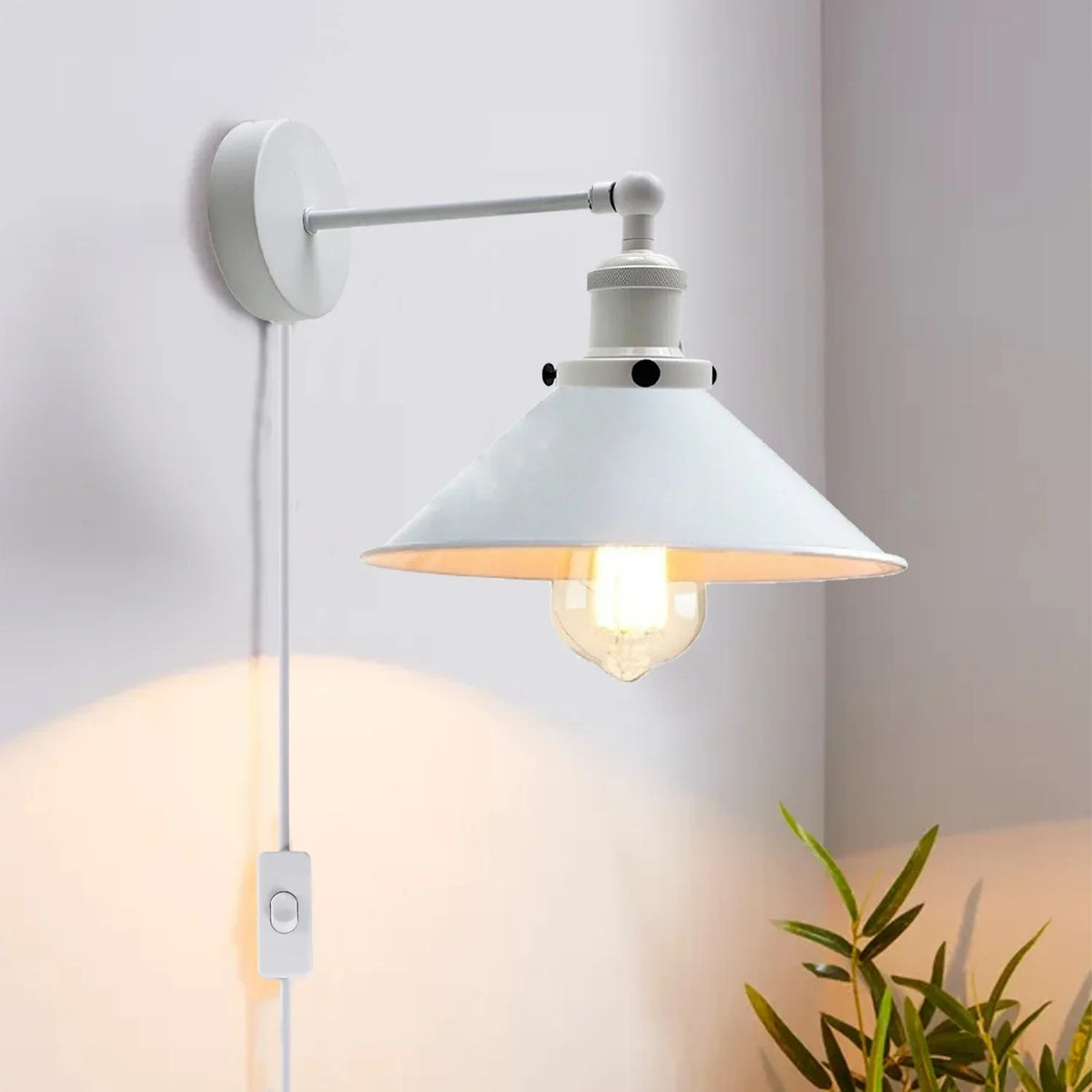 Plug-In Swing Arm Wall Light with Cone Shade – White, On/Off Switch