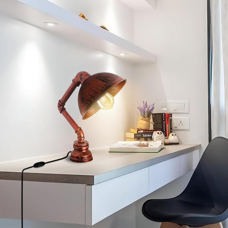 Industrial Water Pipe Table Lamp with Dome Shade – Rustic Red E27 - photo 3