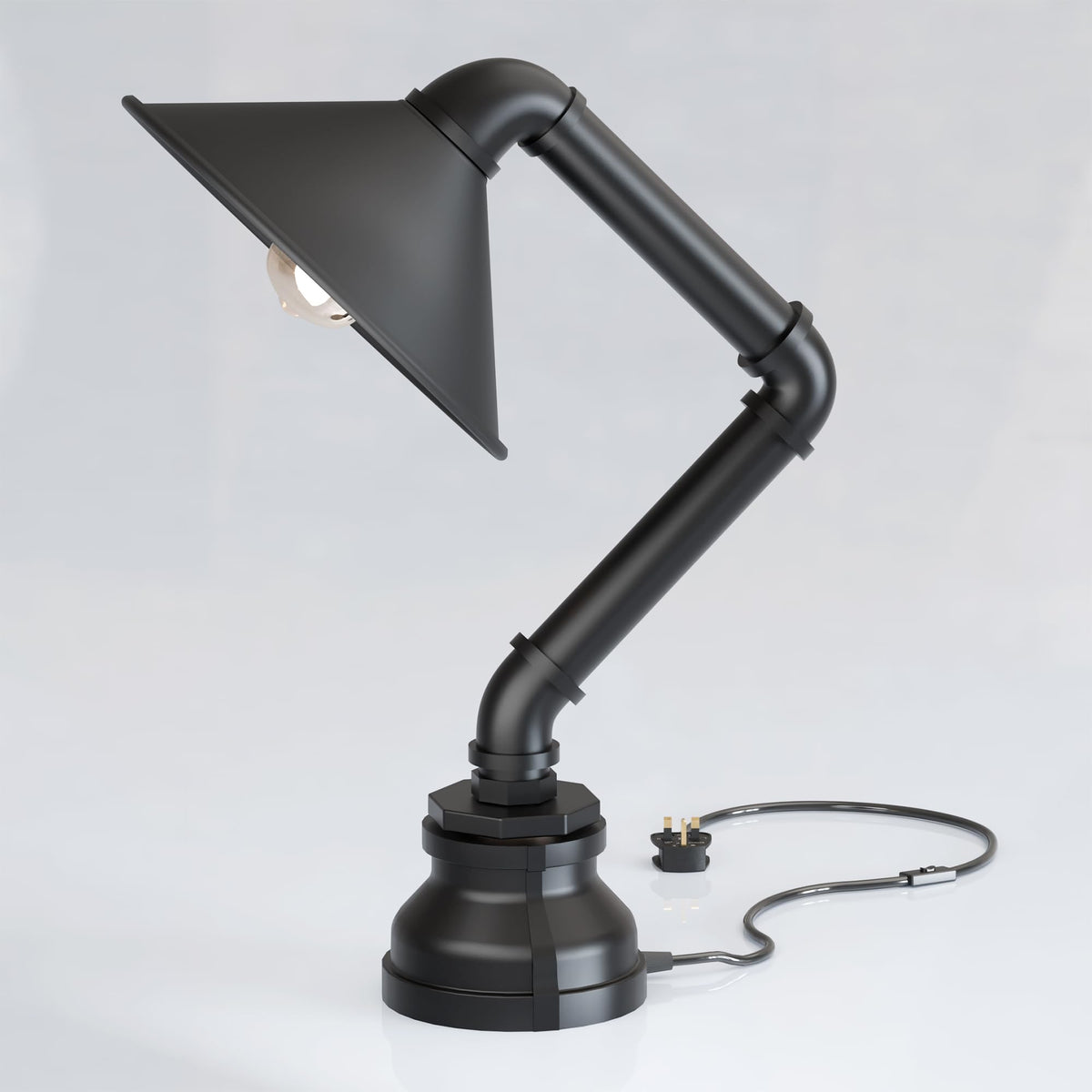 Industrial Water Pipe Table Lamp with Cone Shade E27 - Black, Without Bulb