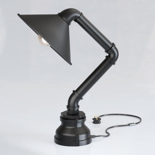 Industrial Water Pipe Table Lamp with Cone Shade E27 - Black, Without Bulb