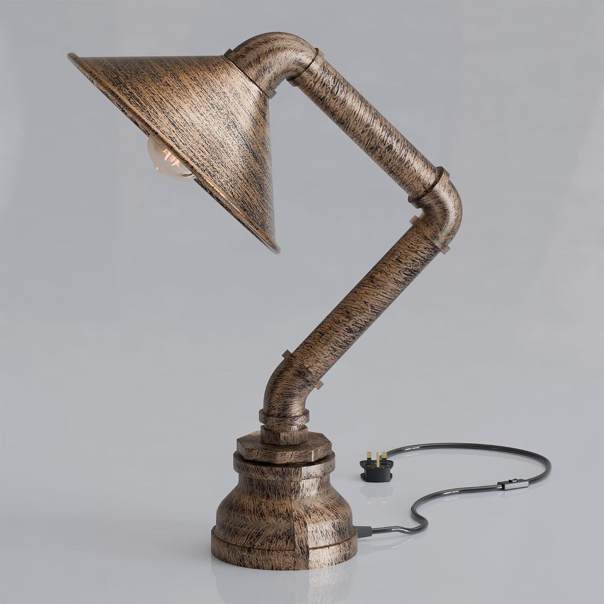 Industrial Water Pipe Table Lamp with Cone Shade E27 - Brushed Copper, Without Bulb