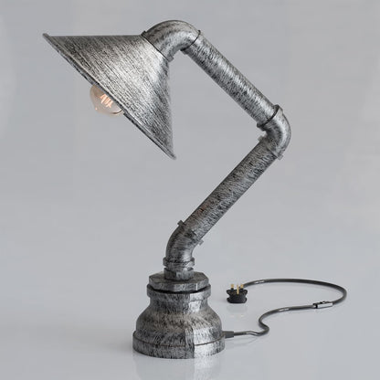 Industrial Water Pipe Table Lamp with Cone Shade E27 - Brushed Silver, Without Bulb
