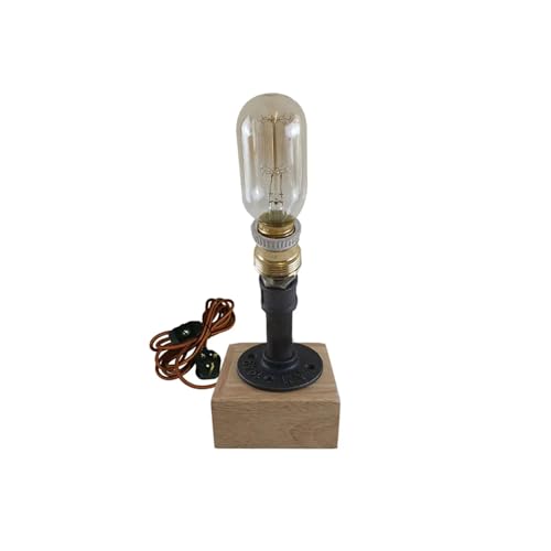 Industrial Water Pipe Table Lamp with Wooden Base E27