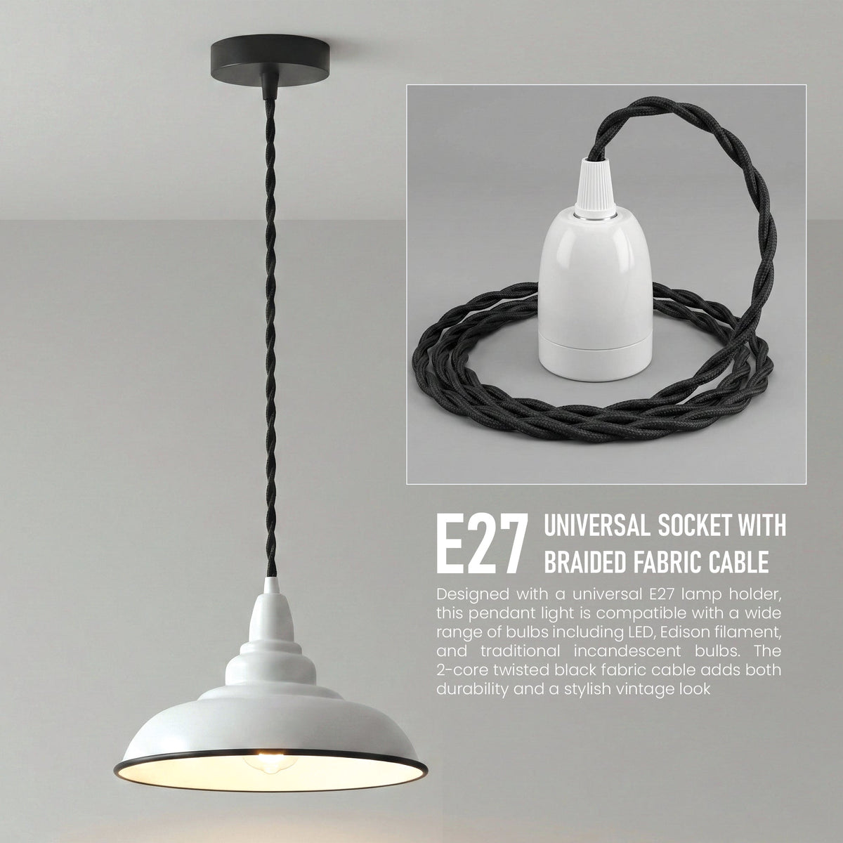 White Metal Pendant Light 32 cm – Twisted Black Cable, LED Bulb, E27 - photo 2