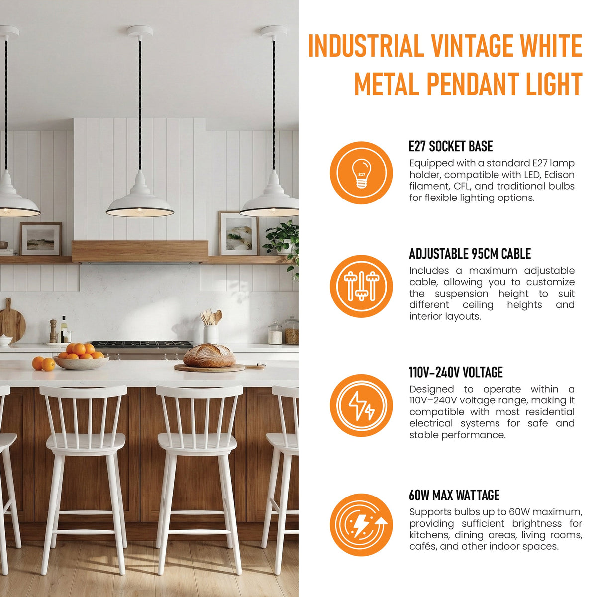 White Metal Pendant Light 32 cm – Twisted Black Cable, LED Bulb, E27 - photo 3