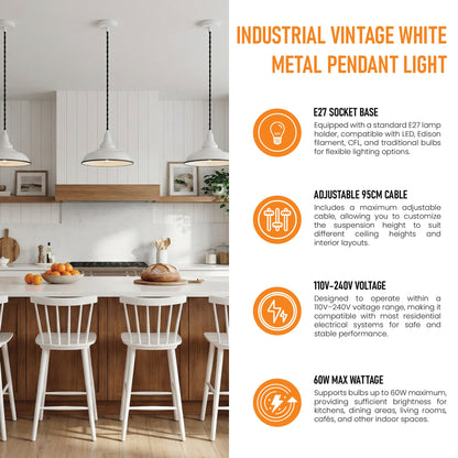 White Metal Pendant Light 32 cm – Twisted Black Cable, LED Bulb, E27 - photo 3