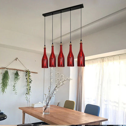 5-Light Wine Bottle Bar Pendant – Red or Amber Glass, E27