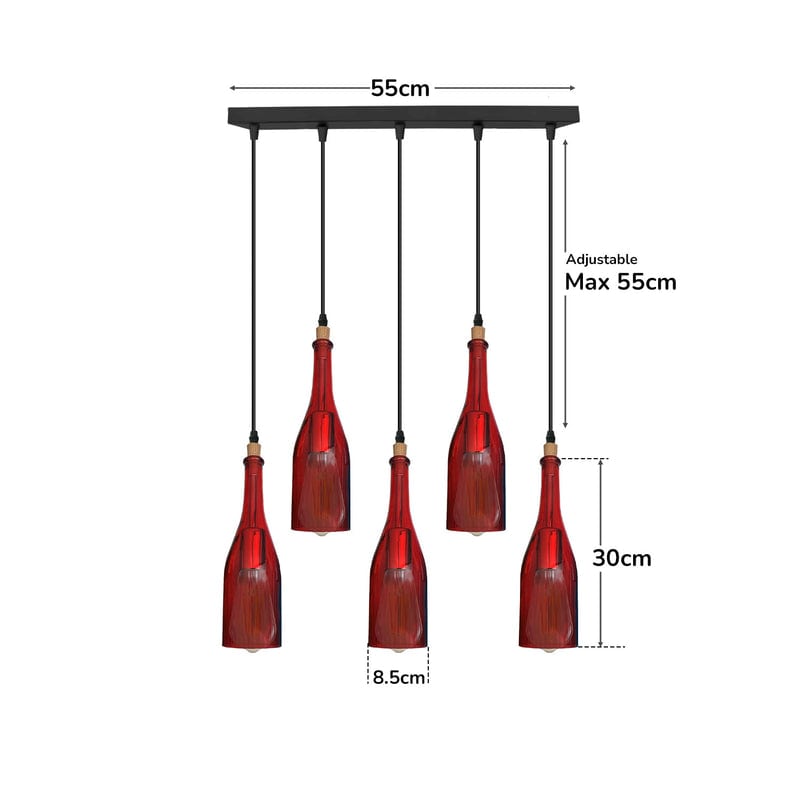 5-Light Wine Bottle Bar Pendant – Red or Amber Glass, E27 - photo 3