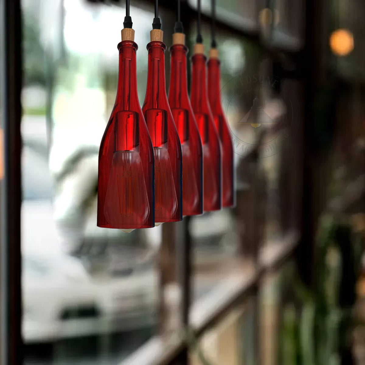 5-Light Wine Bottle Bar Pendant – Red or Amber Glass, E27 - Red, No Shade, ST64 Bulb