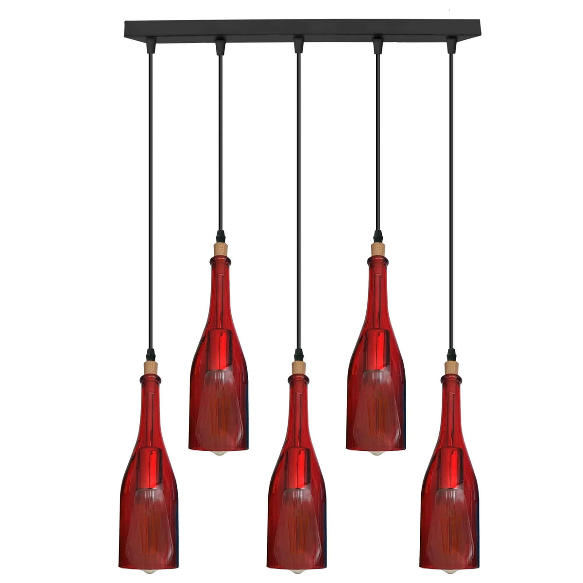 5-Light Wine Bottle Bar Pendant – Red or Amber Glass, E27 - Red, No Shade, Without Bulb