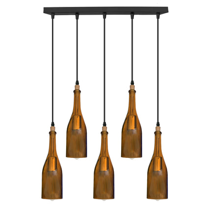 5-Light Wine Bottle Bar Pendant – Red or Amber Glass, E27 - Amber, No Shade, Without Bulb