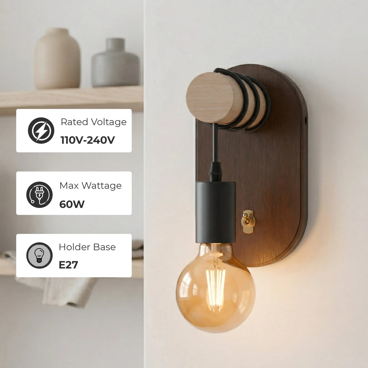 Walnut Wood Wall Light with Toggle Switch & G80 Bulb – E27 - photo 2