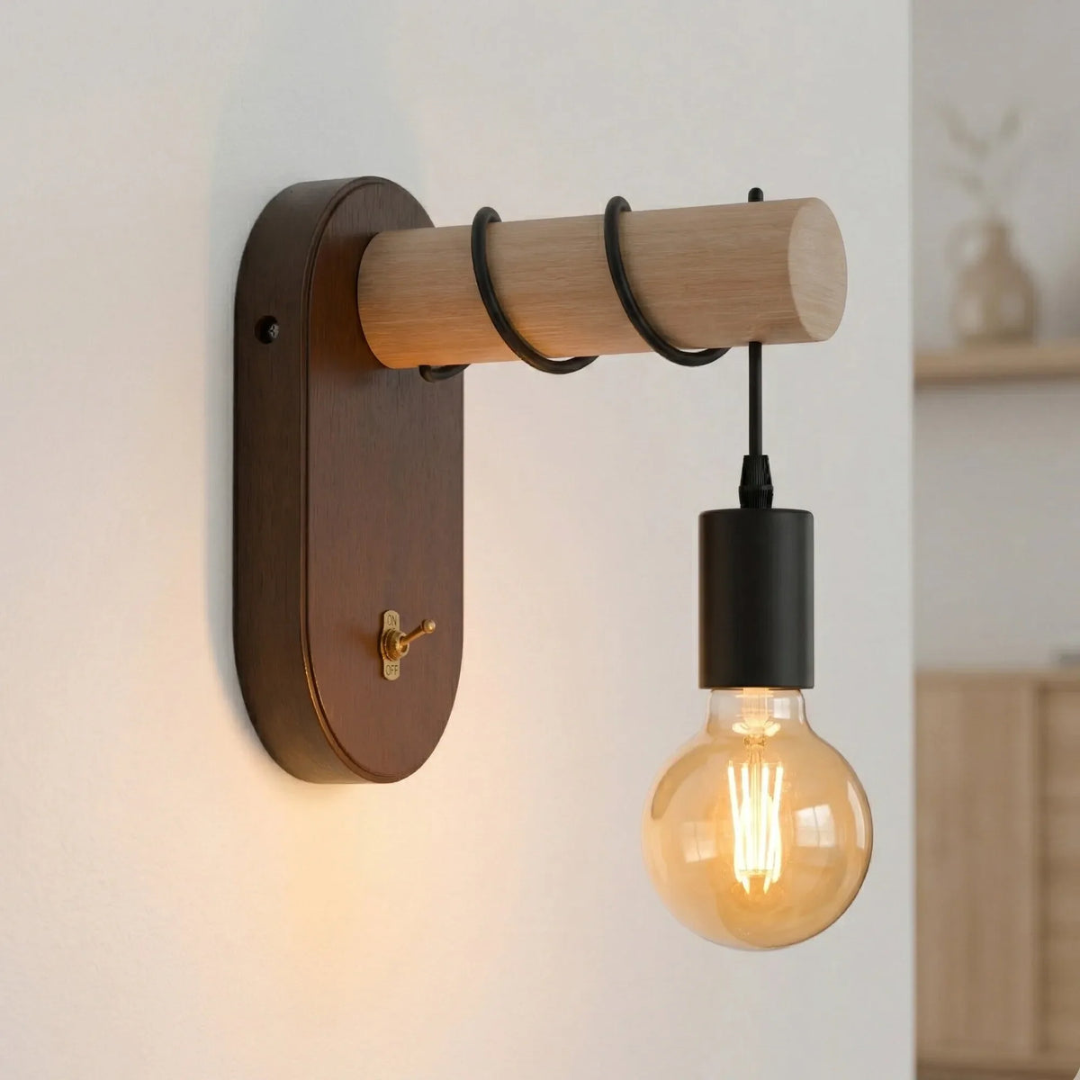 Walnut Wood Wall Light with Toggle Switch & G80 Bulb – E27