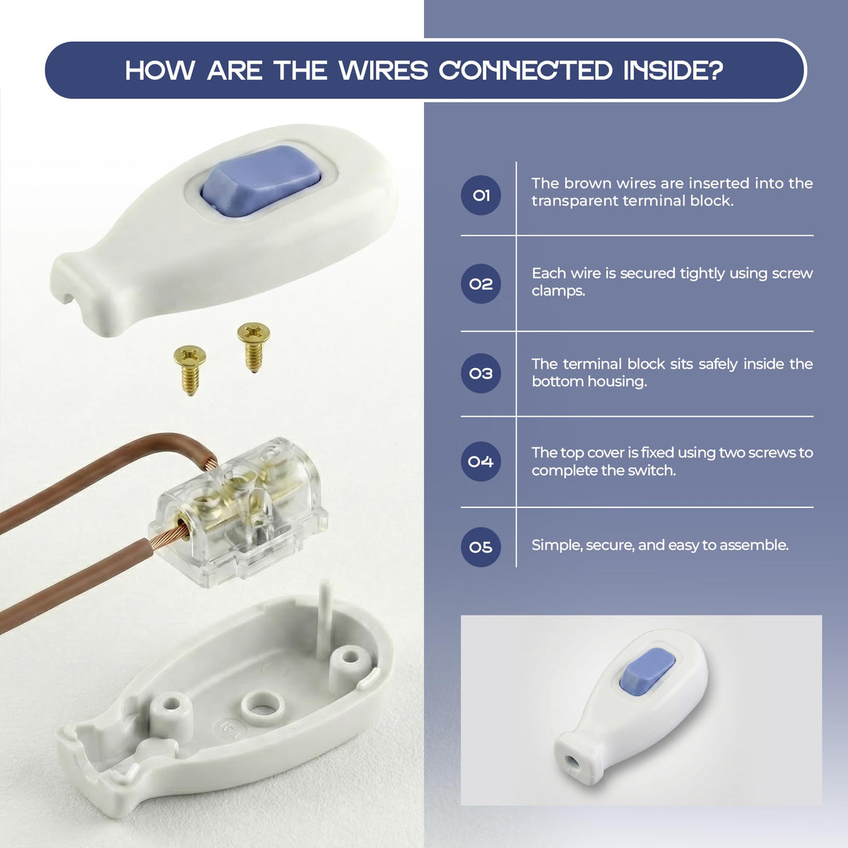 Inline Lamp Switch 16A On/Off – White with Blue Button - photo 7