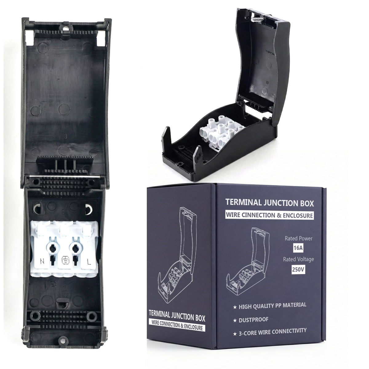 IP44 Inline Junction Box 3-Core 16A – Black - Single