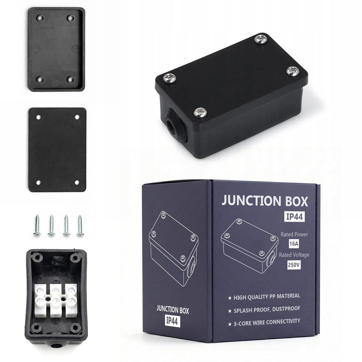 IP44 Mini Junction Box 3-Core 16A – Black - Single – with 7 mm protection coil