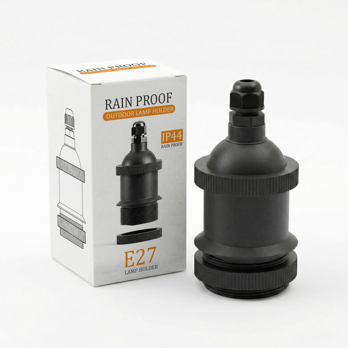 IP44 Outdoor E27 Lamp Holder – Rainproof, Black or White, Max 60W - Black, Standard, Single