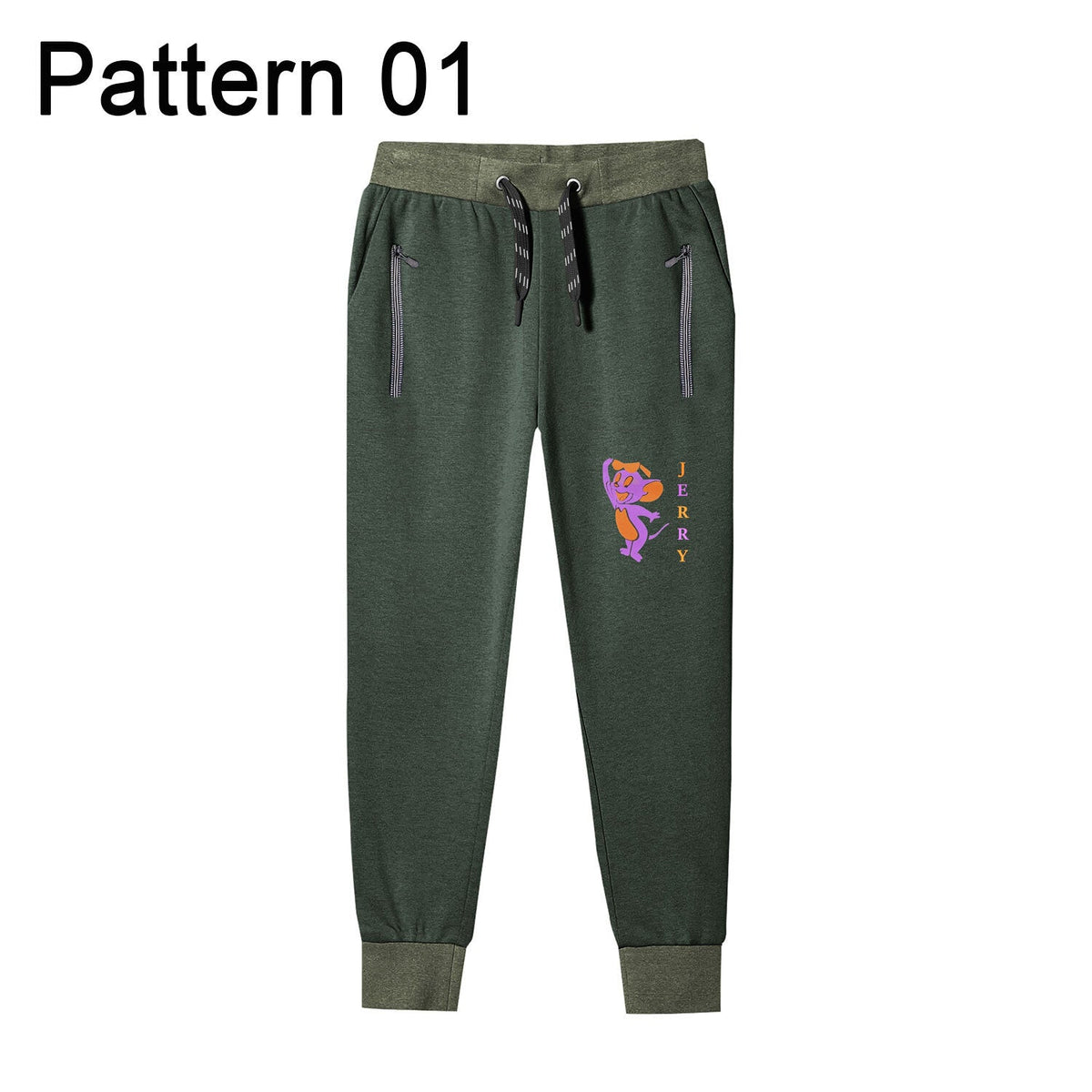 Kids' Jogging Bottoms – Zip Pockets, Ribbed Cuffs, 4 Designs - Khaki Green, Print 1