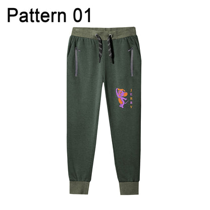 Kids' Jogging Bottoms – Zip Pockets, Ribbed Cuffs, 4 Designs - Khaki Green, Print 1
