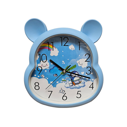 Kids' Bear Ears Wall Clock – 29 x 31 cm, Five Colours & Cartoon Designs - Blue