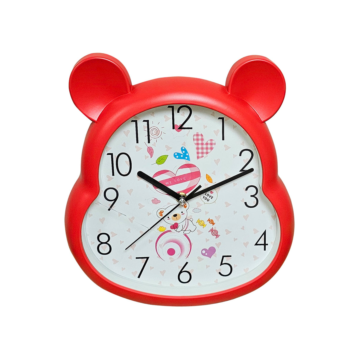 Kids' Bear Ears Wall Clock – 29 x 31 cm, Five Colours & Cartoon Designs - Red
