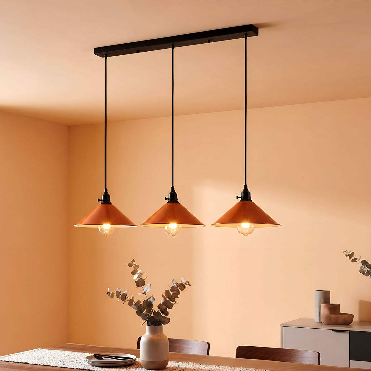 3-Light Kitchen Island Pendant – Round Plate or Bar, Cone, Cage or Bare Bulb - photo 5