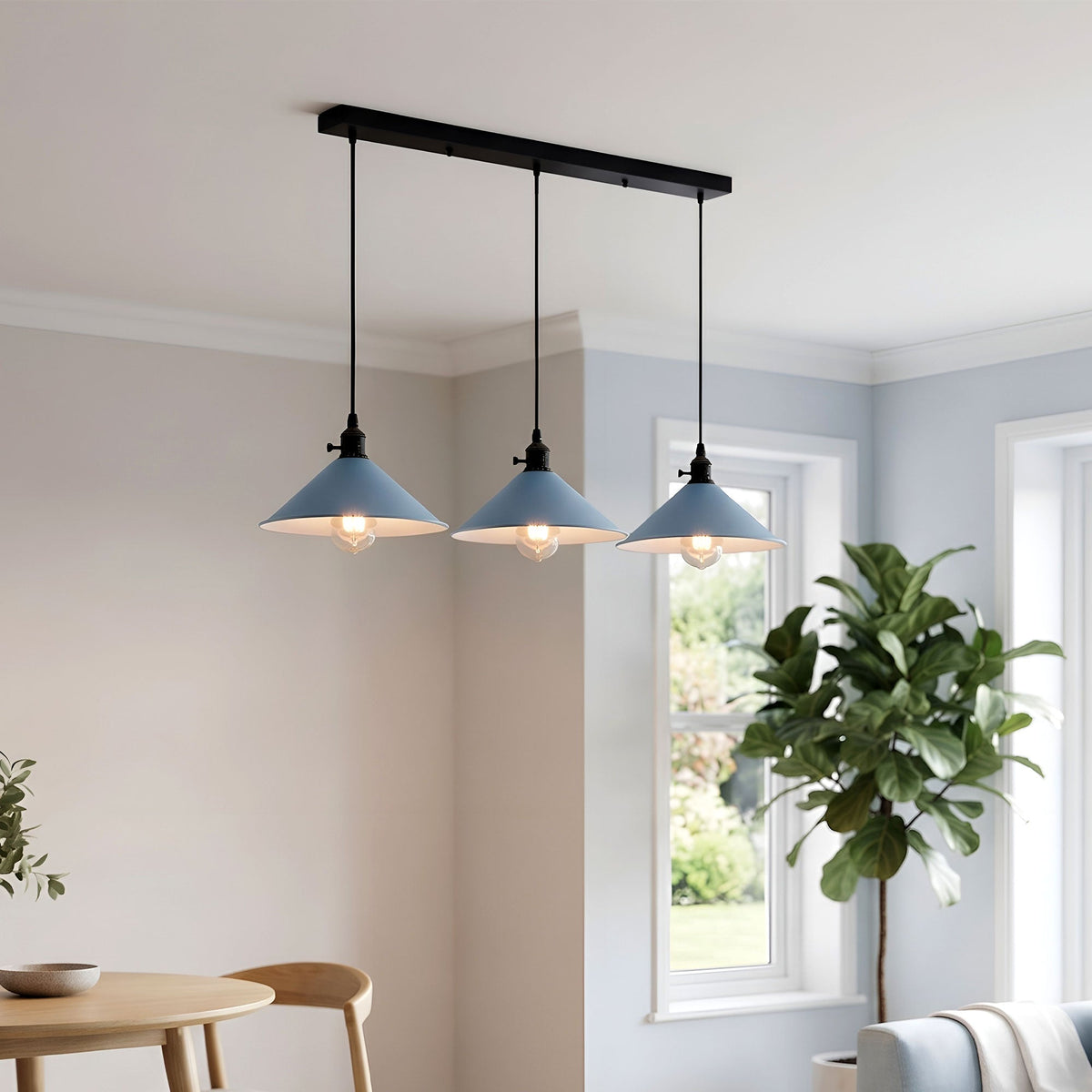 3-Light Kitchen Island Pendant – Round Plate or Bar, Cone, Cage or Bare Bulb - photo 7