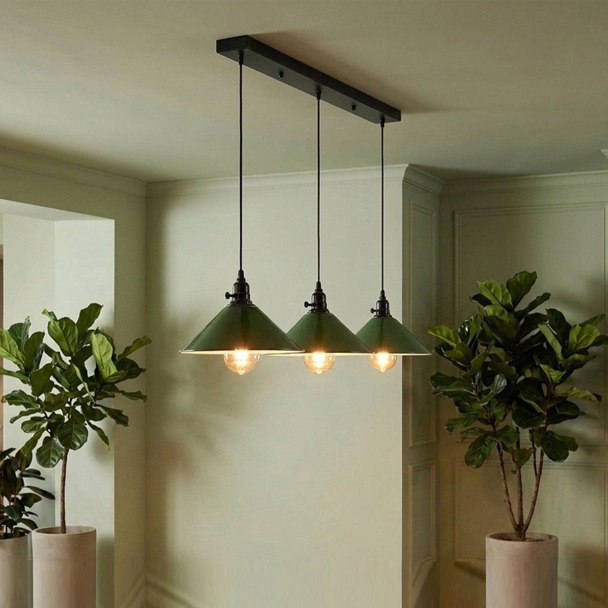 3-Light Kitchen Island Pendant – Round Plate or Bar, Cone, Cage or Bare Bulb - photo 12