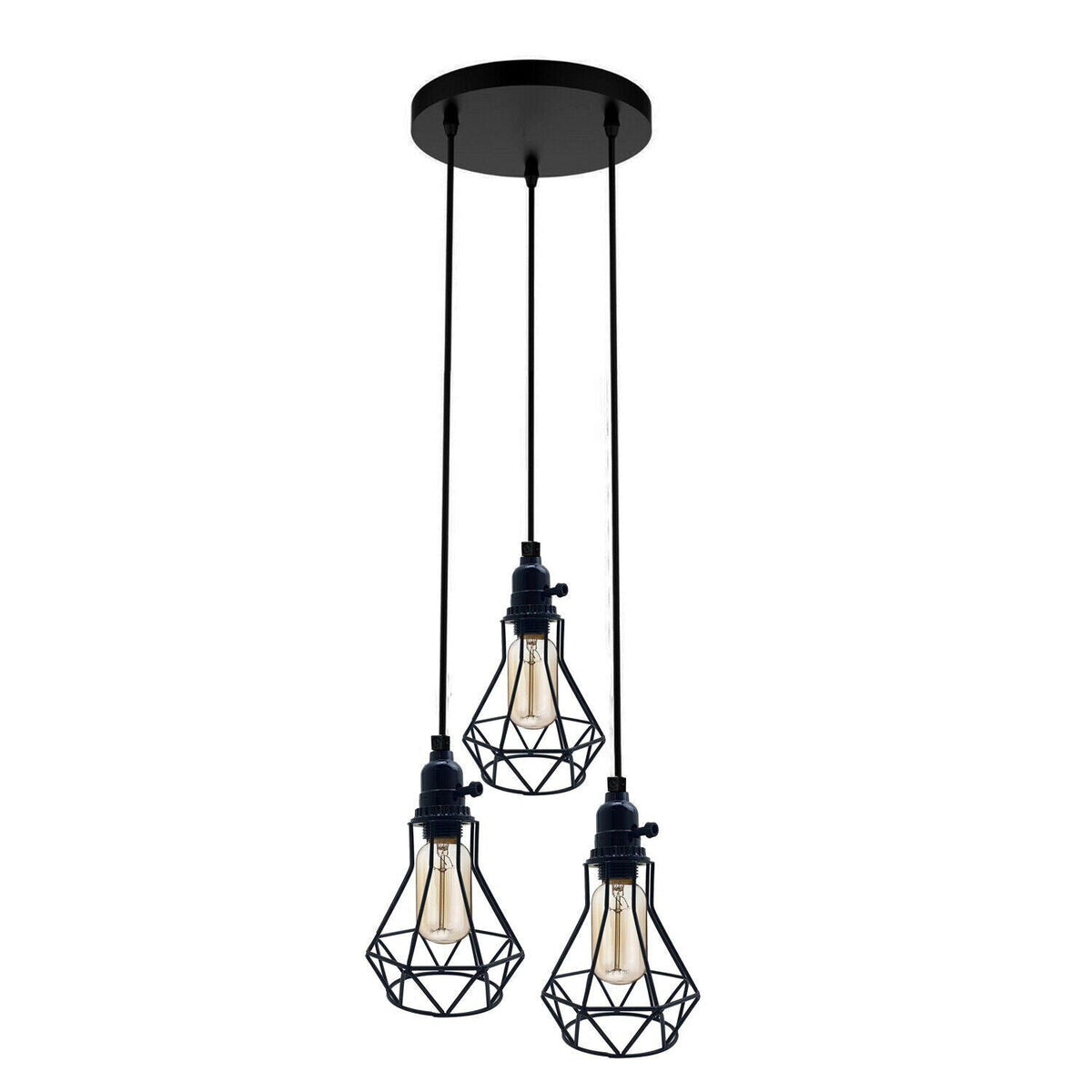 3-Light Kitchen Island Pendant – Round Plate or Bar, Cone, Cage or Bare Bulb - Black, Wire Cage Black, Round Plate, Without Bulb
