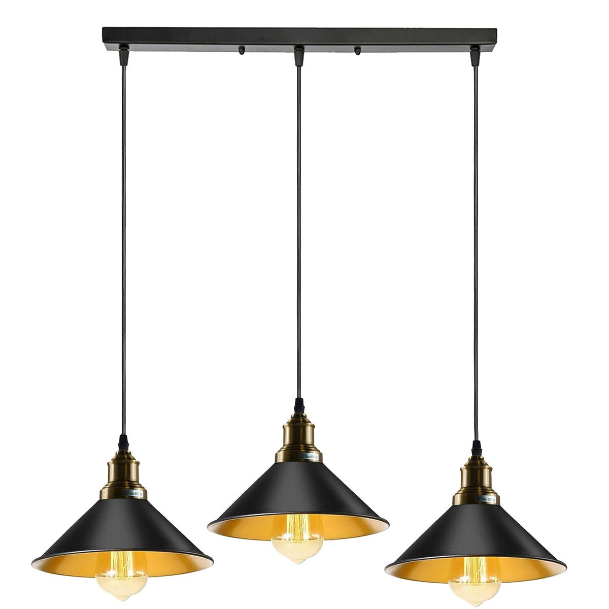 3-Light Kitchen Island Pendant – Round Plate or Bar, Cone, Cage or Bare Bulb - Black, Flat Cone Black & Gold, Ceiling Bar, Without Bulb