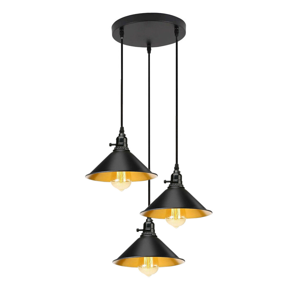 3-Light Kitchen Island Pendant – Round Plate or Bar, Cone, Cage or Bare Bulb - Black, Flat Cone Black & Gold, Round Plate, Without Bulb