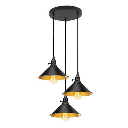 3-Light Kitchen Island Pendant – Round Plate or Bar, Cone, Cage or Bare Bulb - Black, Flat Cone Black & Gold, Round Plate, Without Bulb
