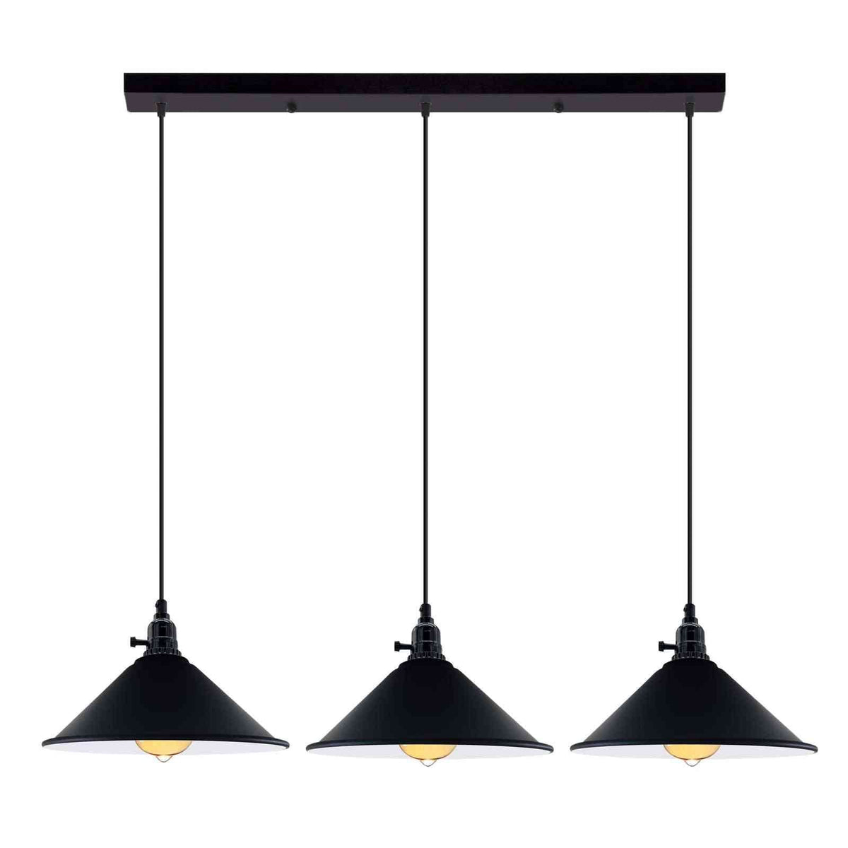 3-Light Kitchen Island Pendant – Round Plate or Bar, Cone, Cage or Bare Bulb - Black, Flat Cone Black & White, Ceiling Bar, Without Bulb