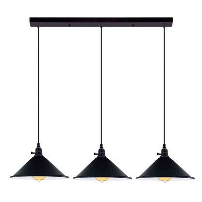 3-Light Kitchen Island Pendant – Round Plate or Bar, Cone, Cage or Bare Bulb - Black, Flat Cone Black & White, Ceiling Bar, Without Bulb